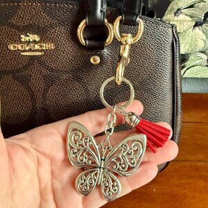 NEW Silvery Hollow Butterfly Keychain with RED Tassel Purse Charm